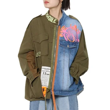 2023 Модное уличное пальто, женская свободная куртка Оверсайз, демисезонная джинсовая ветровка в стиле пэчворк, студенческая верхняя одежда, Повседневные топы