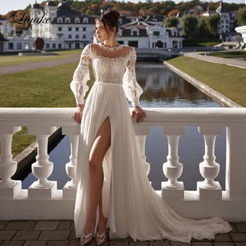 Liyuke Шикарное шифоновое свадебное платье трапециевидной формы, расшитое бисером, жемчугом, аппликацией, кружевными пышными рукавами, свадебные платья