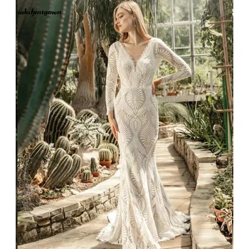 Vestido Novia Boho Элегантное кружевное свадебное платье с открытой спиной и длинным рукавом, платье невесты 2023, сексуальные свадебные платья с глубоким V-образным вырезом на заказ
