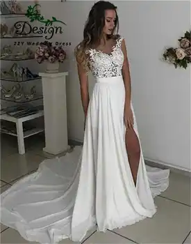 vestidos de novia Изысканное кружевное шифоновое иллюзионное свадебное платье трапециевидной формы с разрезом спереди и аппликацией из натурального шифона 2023