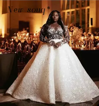 Африканские Плюс Размер 3D Цветочные кружевные свадебные платья для чернокожих девушек 2023 Сексуальная иллюзия Свадебных платьев с длинными рукавами Vestido De Novia