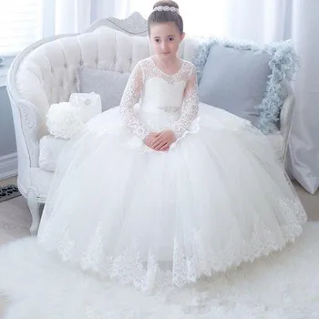 Белое платье в цветочек для девочки, Жемчужное кружевное платье принцессы для девочки, платья для первого причастия без рукавов, Детское свадебное платье