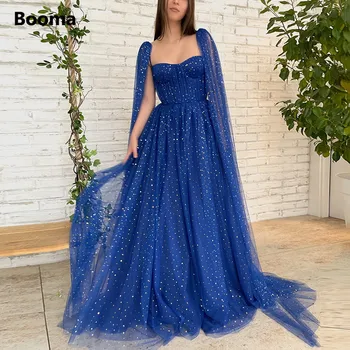 Блестящие Королевские синие платья для выпускного вечера из тюля со звездами, Длинные рукава-накидки, вечерние платья трапециевидной формы в виде сердца, вечерние платья 2022 года