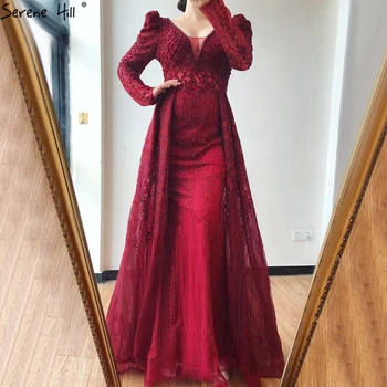Вечернее платье Русалка с V-образным вырезом цвета красного вина 2023 Роскошное вечернее платье с длинными рукавами, расшитое бисером и кристаллами Serene Hill BLA70537