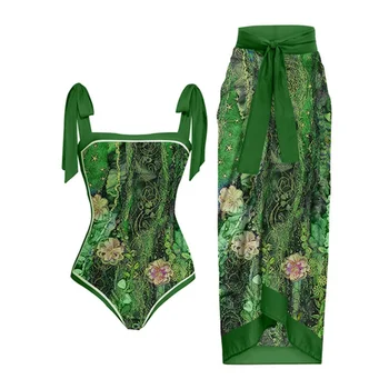 Винтажное бикини с цветочным принтом, тонкая зеленая пляжная одежда, праздничное пляжное платье с ремешком-бабочкой, элегантный купальник для женщин