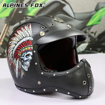Винтажный мотоциклетный шлем DOT из индийской кожи Cafe Racer, полнолицевой мото-шлем, каско для езды на мотоцикле в стиле ретро для Harley