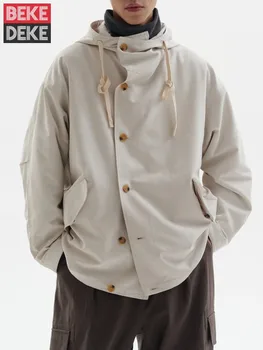 Дизайнерская мужская весенняя новая однобортная куртка с капюшоном, ветровка оверсайз, пальто Harajuku Свободного кроя, повседневная рабочая куртка-карго