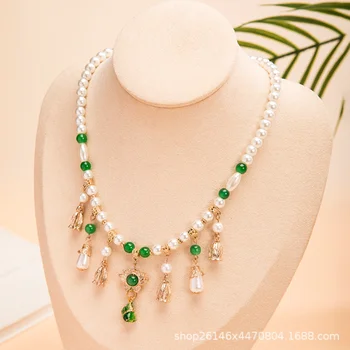 Зеленое Старинное ожерелье для женщин, Эстетичное Винтажное Китайское ожерелье с красивым жемчугом, кулон, браслет Оптом