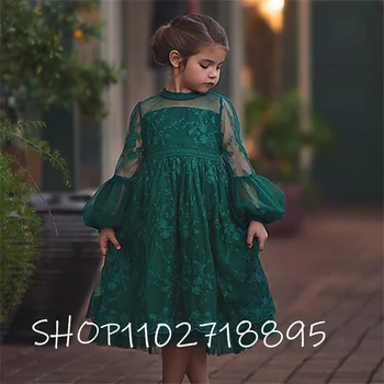 Зеленые платья для девочек в цветочек трапециевидной формы, свадебные аппликации из тюля в складку, простое пляжное платье чайной длины с длинным рукавом для детской вечеринки, танцев