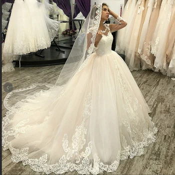 Иллюзионное бальное платье с круглым вырезом и длинными рукавами, свадебные платья, кружевные аппликации, свадебные платья принцессы, Свадебное платье из тюля