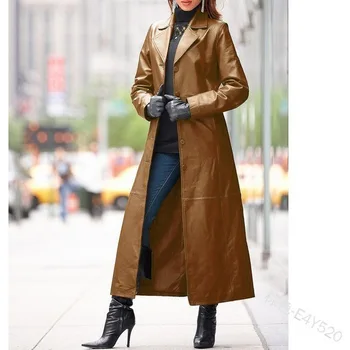 Коричневая куртка на пуговицах из искусственной кожи для девочек, женское длинное пальто, приталенная ветровка большого размера, винтажное красное мотоциклетное пальто