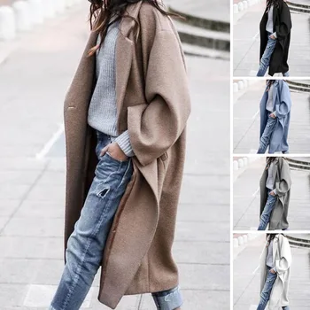 Летнее женское повседневное теплое шерстяное пальто 2023, однотонное длинное пальто с длинным рукавом, женские куртки