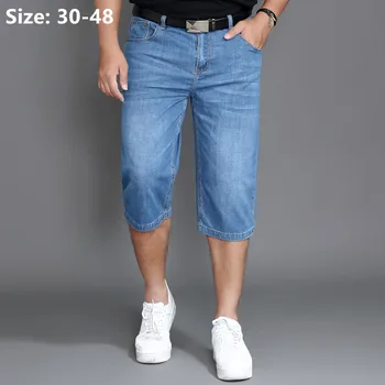 Летние джинсовые шорты Из мужской джинсовой ткани, Эластичные, тонкие, большого размера, светло-голубые, 42 44 46 48, мужские брюки длиной до икр