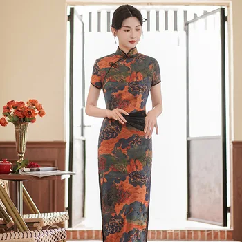 Лето 2023, улучшенный Чонсам, большой размер, ретро-мода, банкетная одежда, вечеринка, вечернее платье ципао в китайском стиле для женщин