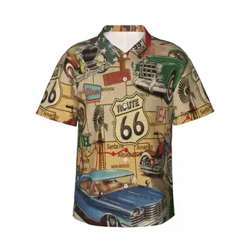Мужская рубашка Винтажный Плакат Route 66, Рубашка С коротким Рукавом, Летняя Рубашка, Мужская Рубашка С отложным воротником И пуговицами, Мужская Одежда