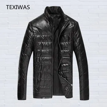 Мужская теплая куртка-пуховик TEXIWAS Stand из толстой натуральной кожи, высококачественное кожаное пальто, мужская кожаная куртка из утиного пуха и овчины