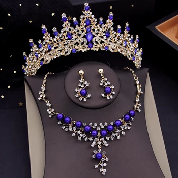 Наборы свадебных украшений с голубой хрустальной короной для женщин, Диадемы, Вечерние жемчужные ожерелья, серьги, Свадебное платье, комплект украшений для невесты