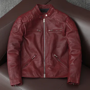 натуральная куртка из натуральной кожи нового элитного бренда 2023 года.байкерская тонкая дубленая дубленка. мужская винтажная качественная красно-коричневая кожа c