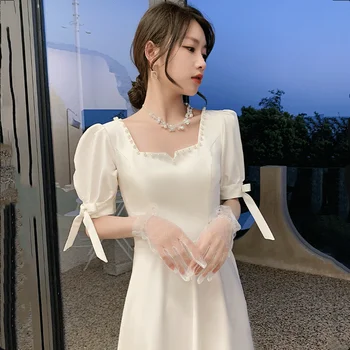 Новое простое свадебное платье с рукавом, свадебное платье чайной длины с жемчугом, свадебное платье для новобрачных, белое платье для свадьбы