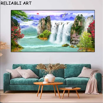 Плакат с деревом, водопадом, лодкой, горным пейзажем и принтами, настенная живопись в китайском стиле для декора гостиной Без рамки