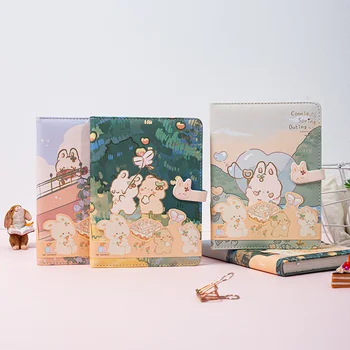 Полноцветная ручная книга с милым кроликом, супер милые иллюстрации в виде сердечек для девочек, Позолоченные заметки из искусственной кожи, книга с магнитной пряжкой