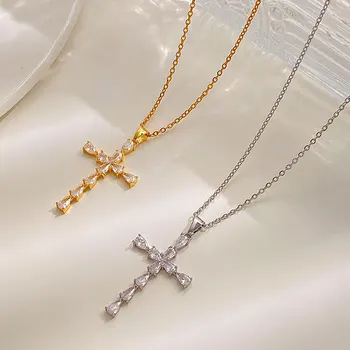 Простое ожерелье с подвеской в виде креста и капельками циркона, ожерелье-цепочка, ювелирные изделия Y2K, Корейская мода, Горячая распродажа, Новое ожерелье для женщин в подарок