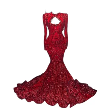 Роскошное платье выпускного вечера Русалки 2023 с высоким воротом и длинными рукавами, красные блестки, вечернее платье выпускного вечера в африканском стиле, которое нравится черным девушкам
