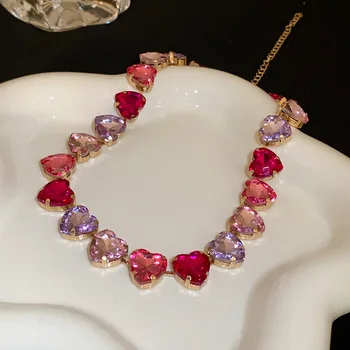 Роскошное Розовое Сердце Кристалл Колье Ожерелья для Женщин Геометрические Ключицы Цепи Ожерелья Партии Свадебные Украшения