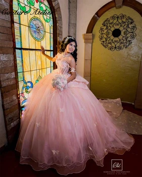 Светло-Розовое Бальное платье с бабочками и открытыми плечами, Пышное платье 2023, Платье принцессы, Милое Платье 16, vestido para quinceañera