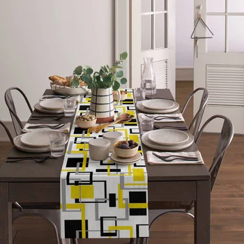 Современная абстрактная геометрическая квадратная черно-желтая настольная дорожка, украшение вечеринки, журнальный столик, домашняя скатерть, настольная дорожка