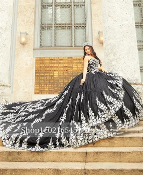 Черные пышные платья принцессы 2023, Кружевные аппликации, Съемная юбка, Сладкие 16 бальных платьев для выпускного вечера с накидкой на шнуровке, Мексика