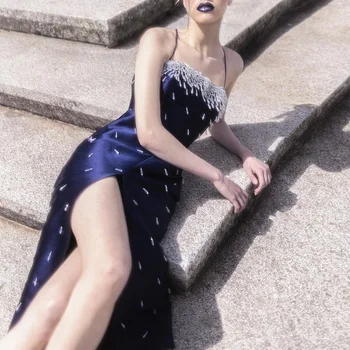 Шарон Саид Роскошное Вечернее платье Миди Dubai Crystal Темно-синего цвета 2023, Элегантное Женское свадебное платье на бретельках бежевого цвета SS315