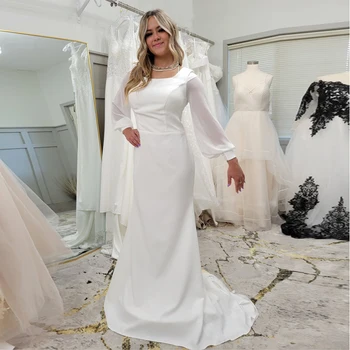 Элегантное Атласное свадебное платье Русалки с квадратным вырезом и длинными рукавами, застегивающееся на пуговицы сзади, Праздничное свадебное платье Невесты Vestido De Noiva