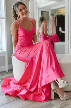 Ярко-розовое вечернее платье на тонких бретельках, милое длинное платье для выпускного вечера для официальных мероприятий