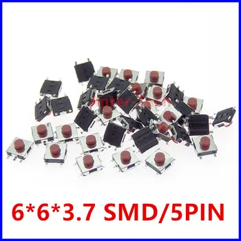 100ШТ Плоский красный кнопочный переключатель SMD 5Pin 6x6 тактов 6*6*3.7 Микропереключатель ММ 6x6x3.7mm 6.2X6.2 6.2 *6.2