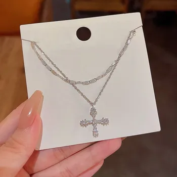 2023 Новая мода Женское Хрустальное ожерелье с двойным крестом, женское ожерелье-цепочка для девочек, ювелирные изделия для вечеринок в стиле панк