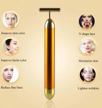 24k Gold Роликовый вибрационный массажер для похудения Beauty Bar, Подтяжка лица, Т-образный Вибрационный инструмент для антивозрастного ухода за кожей