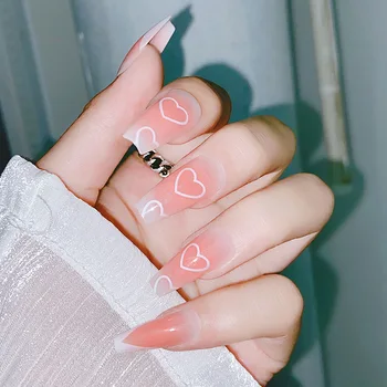 24шт искусственных накладных ногтей French Ballet Press On Nail Art Heart Pink Kawaii Ношение Многоразовых накладных ногтей С полным покрытием кончиков ногтей