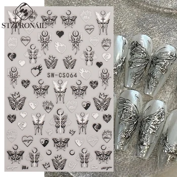 3D Наклейки для ногтей с серебряной бабочкой, Большая Стрекоза, Металлическая Луна, Слайдеры в виде сердца, Подвески, Фольга, Аксессуар для украшения ногтей, Инструмент SLSW