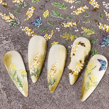 5D Желтые наклейки для ногтей с мимозой, тисненые Цветы, наклейки для ногтей, Декор, Акриловые клейкие слайдеры, Весенний маникюр с маргаритками
