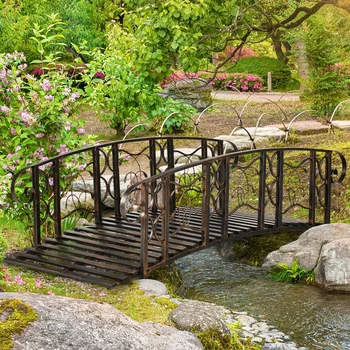 6-дюймовый металлический арочный садовый мост на заднем дворе весом 660 фунтов.  Грузоподъемность, защитные ограждения, мотивы из виноградной лозы для Backyard Creek,