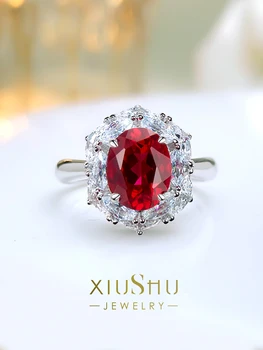 Elegante Ovo em forma Artificial Colorido Tesouro 925 Anel de Prata Inlaid com Diamante de Alto Carbono Versátil Red Treasure