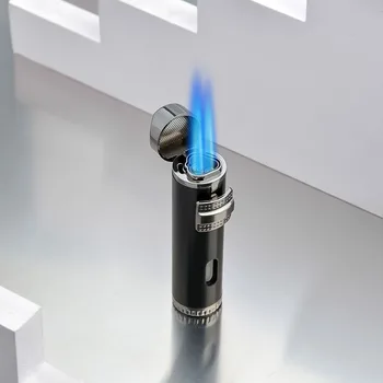 Ветрозащитная бутановая зажигалка, трехструйная горелка, аксессуары для сигар, синее пламя