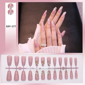 Высококачественные накладные ногти, полностью покрывающие кончики ногтей, Розовые длинные искусственные ногти с острым носком, стразы во французском стиле, накладные ногти