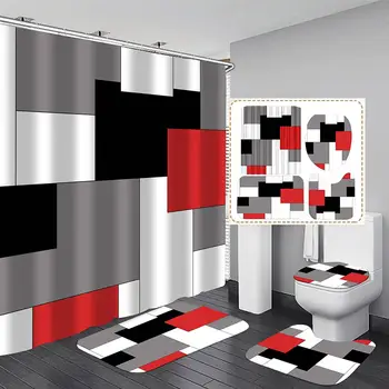 Геометрическая красная занавеска для душа с нескользящим ковриком, сиденье для унитаза и коврик для ванной, черно-серые аксессуары для декора ванной комнаты с крючками