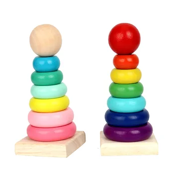 Детские Красочные Геометрические фигуры в виде башни-колонны, игра для раннего обучения, игрушка для познания детей, Радужный Деревянный столбик для укладки, Кольцевая головоломка