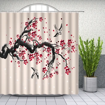 Занавеска для душа в китайском стиле, 3D Принт, красные Цветы, Пейзаж, Аксессуары для ванной комнаты, Занавески для ванной из водонепроницаемой Полиэфирной ткани