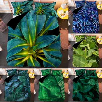 Зеленое пуховое одеяло с наволочкой в тон, комплект постельного белья с рисунком листьев