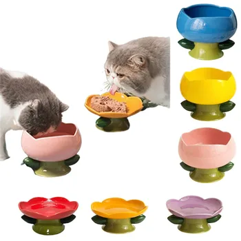 Керамическая миска для кошек с милым цветком, высокая защита ног, Тазик для еды, тарелка для собак, Котенок, щенок, Маленькие и средние принадлежности для кормления и питья, товары для домашних животных