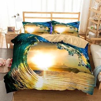 Комплект постельного белья из микрофибры с 3D-принтом, тропический пляж с волнами для серфинга, Комплект пододеяльников для девочек, синий, Одноместный, двухместный, полный размер Queen King Size